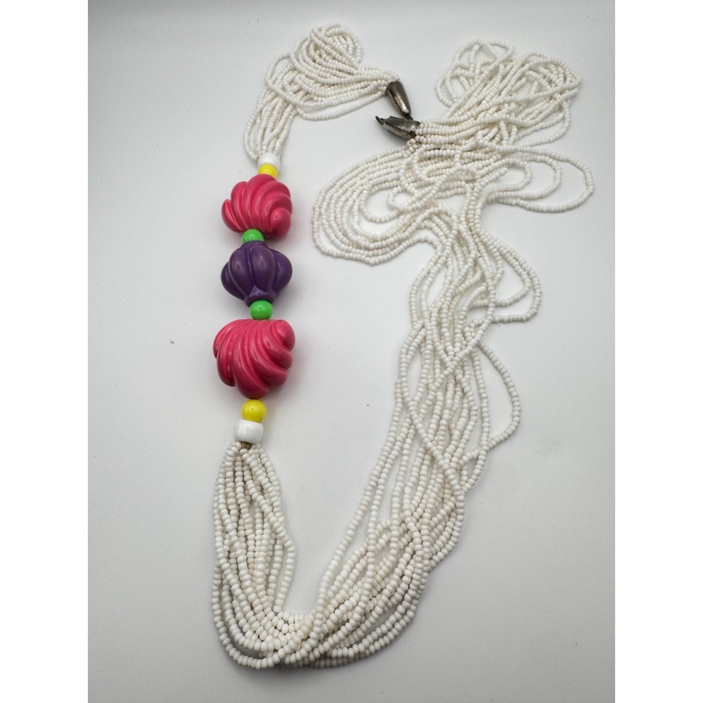 Vintage Neon Necklace Multi Strand Seed Bead Chunky Hot Pink Purple 1980s